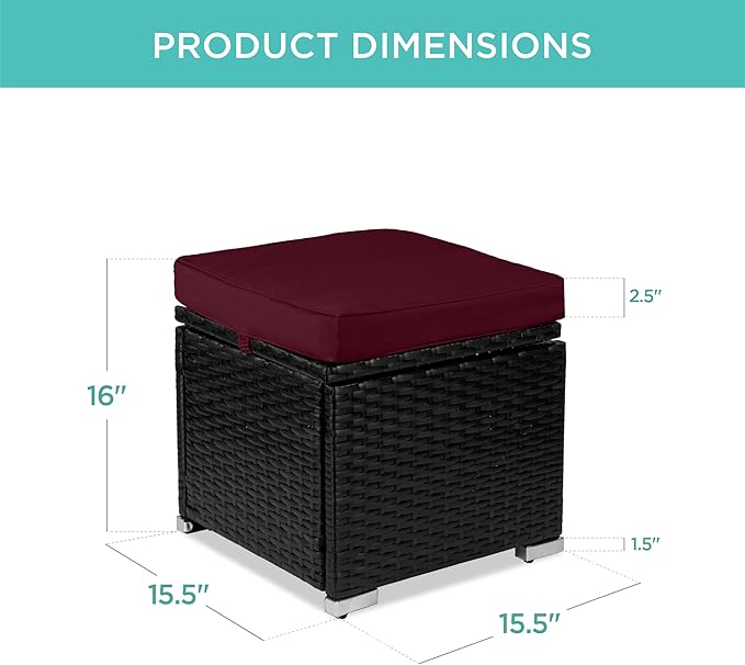 Best Choice Products Set of 2 Wicker Ottomans, Multipurpose Outdoor Furniture for Patio, Backyard, Additional Seating, Footrest, Side Table w/Storage, Removable Cushions - Deep Burgundy/Black