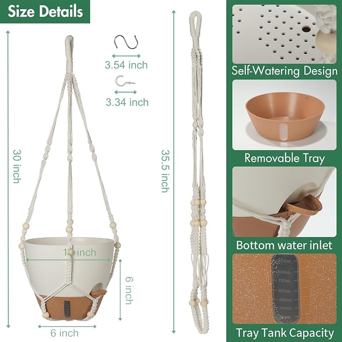 Self-Watering Hanging Planters for Indoor Plants Set 2-Piece Includes Plant Hanging Pot, Drainage-Hole Hanging Pot, and Hanging Basket Rack (10 Inches, White)