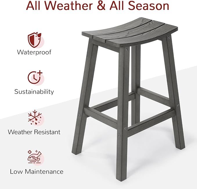 All-Weather Bar Stools Set of 2, 28" Height Outdoor Bar Stools, Never Rot or Fade, for Bar, Kitchen Counter, Deck, and Patio, Grey