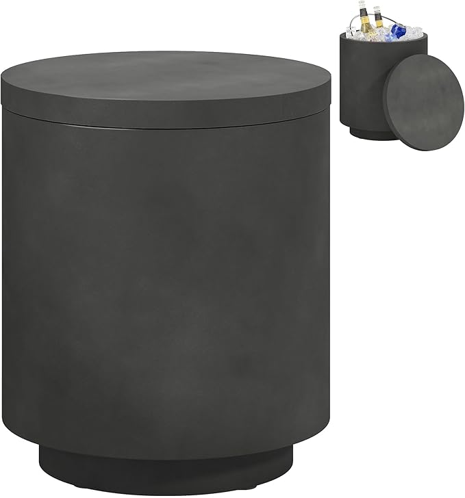 HOMCOM 2.6 Gal Outdoor Cooler Side Table, 3-in-1 Cool Coffee Table with Storage, Removable Ice Bucket and Lid, Concrete Small Patio Table for Party, Poolside, Deck, Charcoal Gray