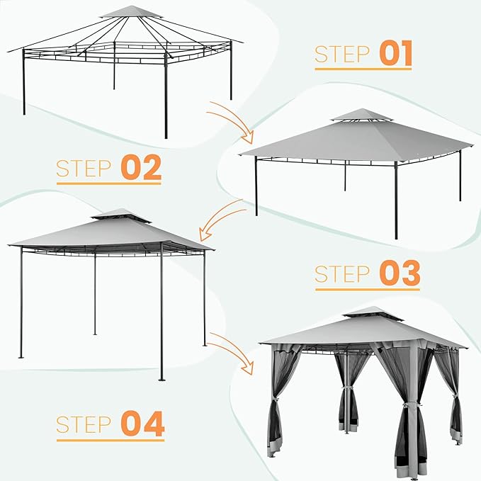 COBIZI Gazebo 10x10 Heavy Duty Gazebos with Improved Nettings Outdoor Gazebo Double Roof Patio Gazebos with Metal Steel Frame Outdoor Canopy for Patio, Deck, Backyard (Gray)