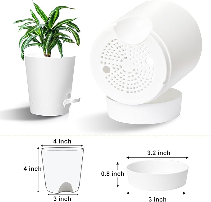 Self Watering Pots, 4 inch Flower Pots with Multi Mesh Drainage Holes, Small Platic Planters for Indoor Outdoor Garden Plants and Flowers (White, 4")