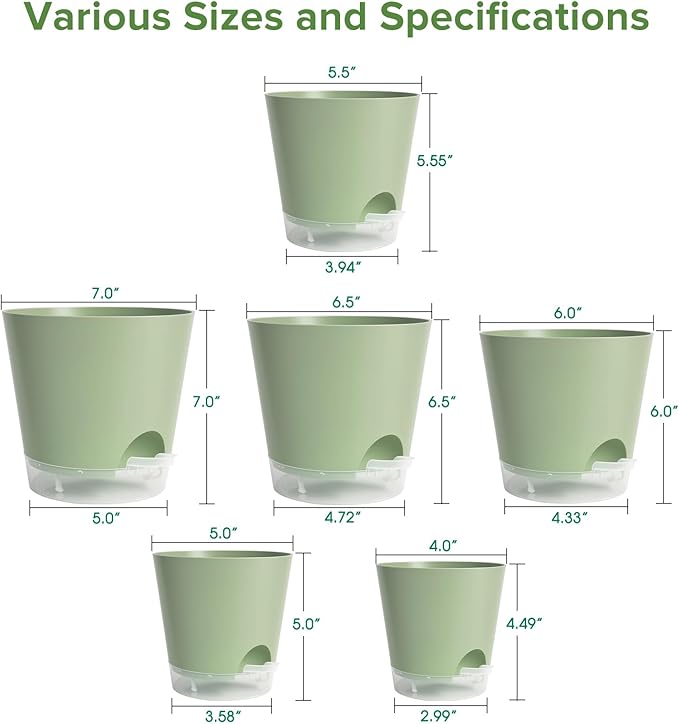 GARDIFE 2026 Upgraded Self Watering Plant Pots with Drainage Hole, 7/6.5/6/5.5/5/4 Inch Flower Planting Containers for House Plants, African Violet, Flowers, Cactus (Green, 7+6.5+6+5.5+5+4 inch)