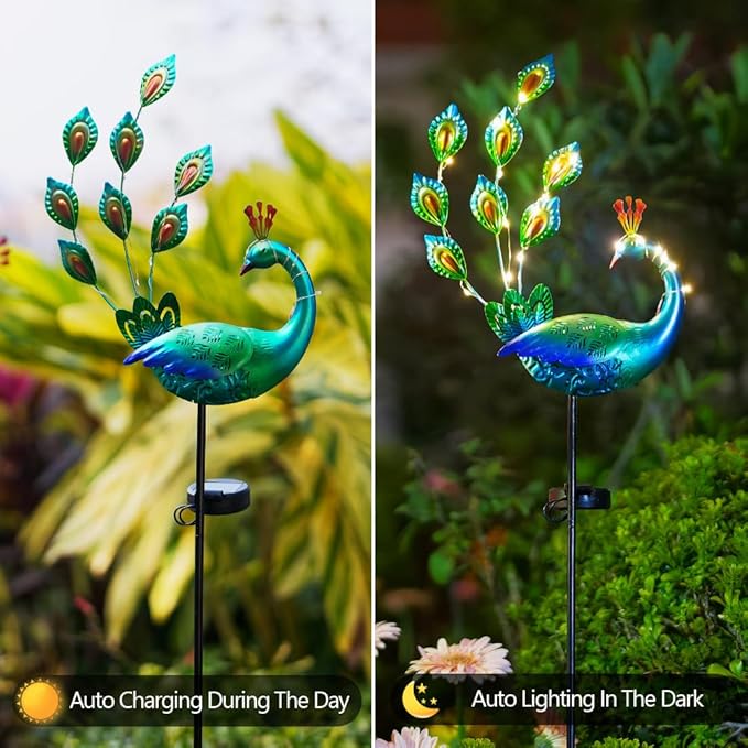 DREAMSOUL Peacock Solar Lights Outdoor 2 Pack, Waterproof Outdoor Solar Lights for Yard Pathway Peacock Garden Decor