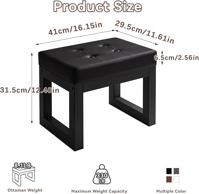 IBUYKE 16 Inch Small Foot Stool Ottoman, Rectangle PU Faux Leather Foot Rest with Padded Seat and Metal Legs, Modern Ottoman Foot Rest for Living Room Bedroom Entryway Couch, Black WBD026B