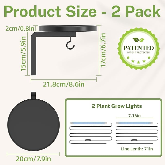 iDavosic.ly Wall Plant Holder with Grow Lights Set of 2 for Indoor Outdoor, Metal Hanger with 2 Hooks, Floating Flower Display Stand for Window, Space Saving & Easy to Assemble (Pots Not Included)
