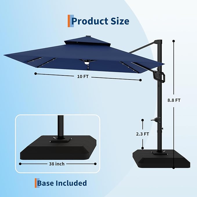 Garvee 10 ft Solar Lights Cantilever Patio Umbrella with Base Included, 360° Rotation Offset Umbrella, Easy Crank & Tilt Adjustment, UV Protection for Backyard, Poolside, Deck -Navy Blue