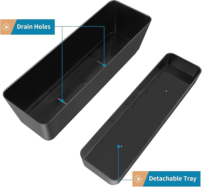 Window Box Planter with Tray, 12" Rectangle Plant Pot, Pack of 3 (Black)