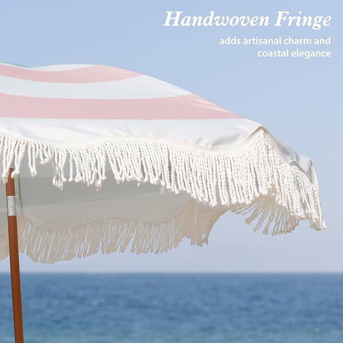 AMMSUN Boho Fringe Umbrella Outdoor Patio, 6.5ft UPF50+ Picnic Umbrella with Tassels with Steel Pole and Push Button Tilt, Pink Stripes
