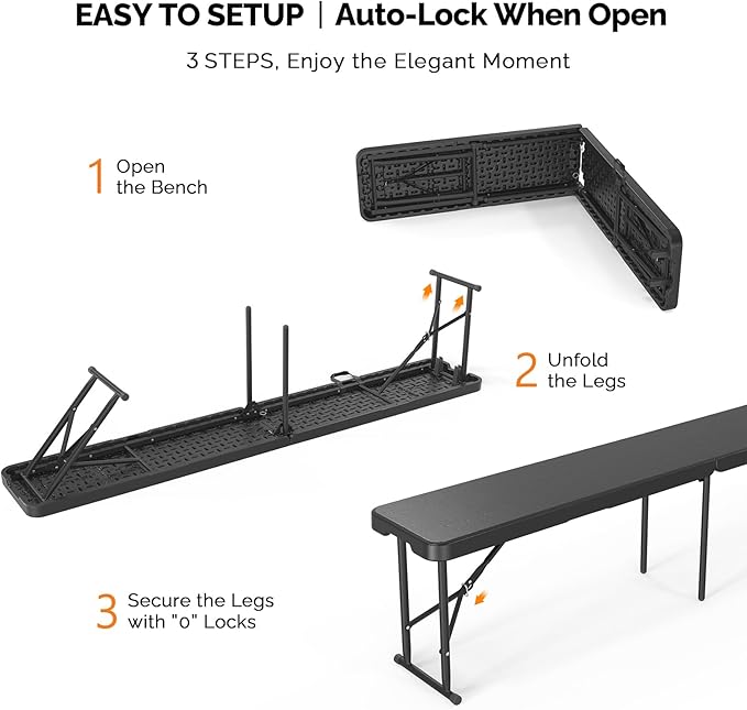 VINGLI 6 feet Plastic Folding Bench,Portable in/Outdoor Picnic Party Camping Dining Seat, Garden Soccer Multipurpose Entertaining Activities, Tree Patterned HDPE Tabletop, 2 Pack, Black