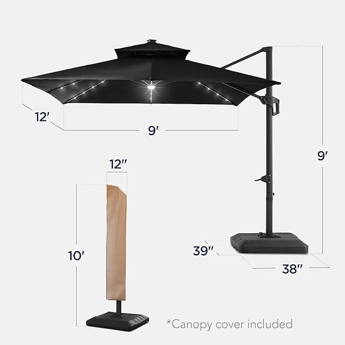 Best Choice Products 9x12ft LED Cantilever Patio Umbrella w/Base Included & 360° Rotation, Large Solar Offset Hanging Outdoor Sun Shade for Deck, Backyard Table w/Stand & Lights – Black