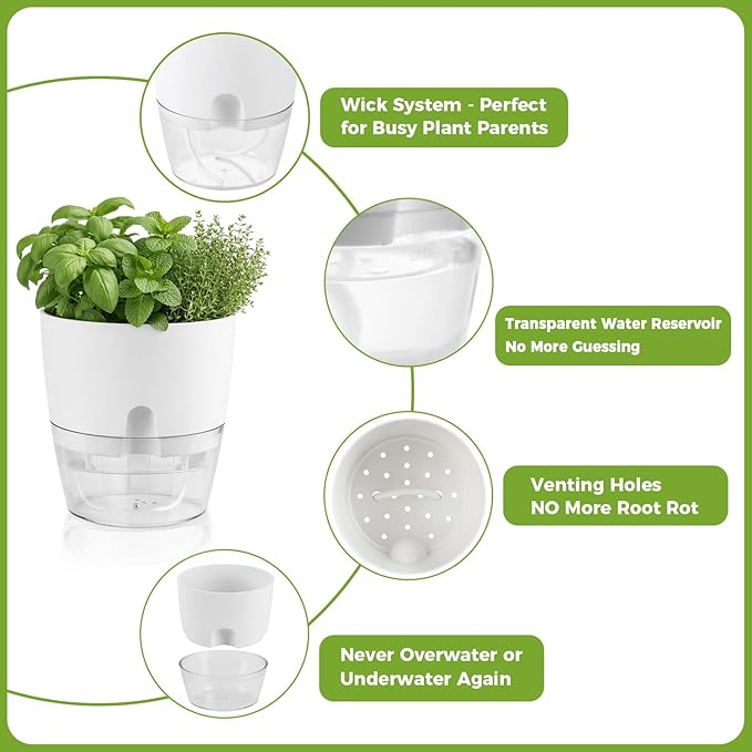 Planterhoma 5 Pack Self Watering Pots for Indoor Plants, 9 Inch Plant Pot Plastic Self Watering Planter for Orchid, Monstera, Lily, Large Clear Flower Pots with Drainage Holes and Wicking Rope, White