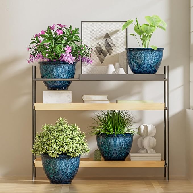 Plant Pots, Set of 4 Plastic Planters with Drainage Hole, 8 Inch Glaze Plastic Flower Pots for Plants, Nursery Planting Pot, Planter for Indoor Outdoor Home Decorative(Blue)