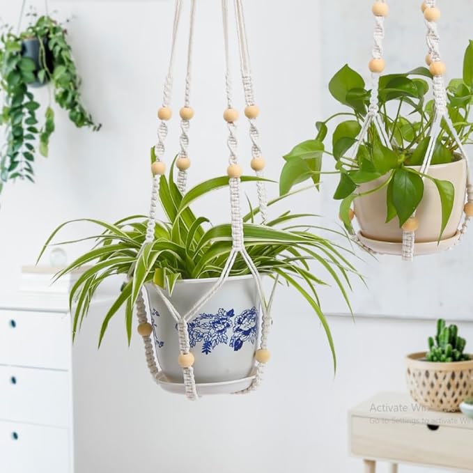 feedee Macrame Plant Hanger, Hanging Planters for Indoor Plants Holder with Wood Beads, Hanging Plant Holder for Indoor Outdoor, Gifts for Plant Lovers, Boho Home Decor Plant Hanger, Ivory