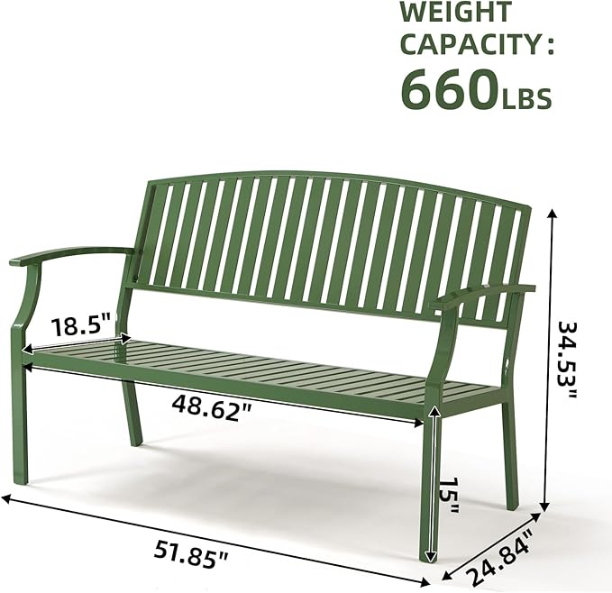 Outdoor Bench Weatherproof Aluminum Patio Garden Bench, Patio Loveseat for Porch Garden Lawn Backyard Park Balcony (Green)