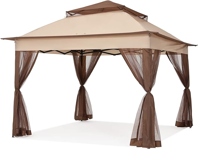 COOSHADE 11x11 Pop Up Gazebo Tent Outdoor Canopy Patio Shelter with Mosquito Netting(Beige)