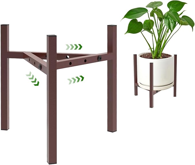 Aripark Plant Stand Indoor Adjustable, Metal Modern Plant Stands, Small Heavy Duty Stable Pot Flower Holder Indoor Outdoor Corner, Fit 8 9 10 11 12 inch Pots, Reddish Brown (Pot & Plant Not Included)