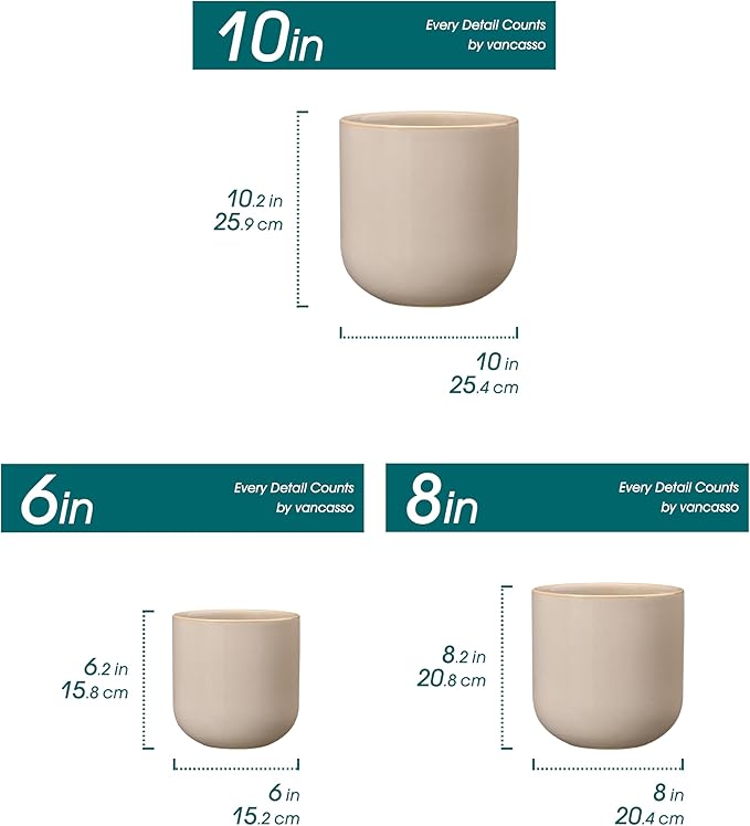 vancasso 6+8+10 inches Ceramic Plant Pots, Set of 3, Planters with Drainage Hole, Flower Pots Planters Pots for Indoor Plants, Modern Indoor Decorative Garden Pot, Home Decor, Gray