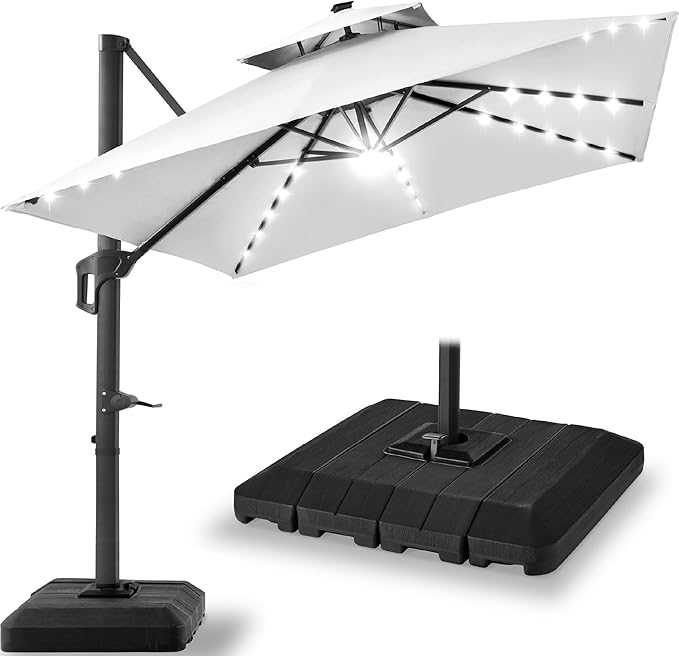 Best Choice Products 12x12ft LED Cantilever Patio Umbrella w/Base Included & 360° Rotation, Large Solar Offset Hanging Outdoor Sun Shade for Deck, Backyard Table w/Stand & Lights – Fog Gray