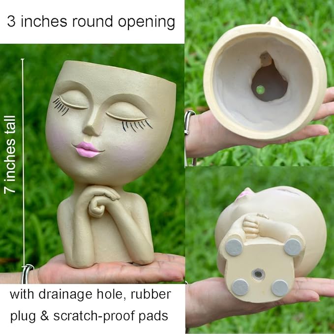 Face Head Planter, Funny Heads Plant Pots, Cute Girl Faces Plant Pot, Decorative Flower Pots, Cute Succulent Pots with Drainage for Home Garden Decor, Plant Lover's Gifts for Women (7" Khaki)