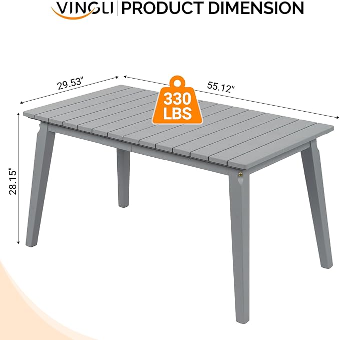 VINGLI Rectangular Outdoor Dining Table, Solid Cedar Wood Patio Table for 4-6 People, Waterproof Garden Table for Yard, Deck, Poolside (Gray)