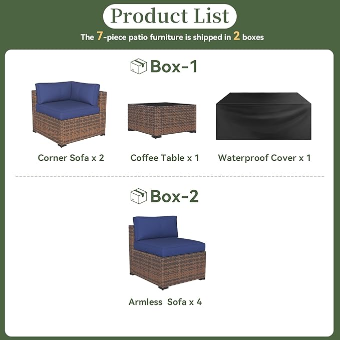 Aoxun 7 Piece Patio Furniture Set Wicker Rattan Patio Conversation Set Outdoor Sectional Sofa Set with Coffee Table and Thickened Cushions, Blue(Waterproof Cover Included)