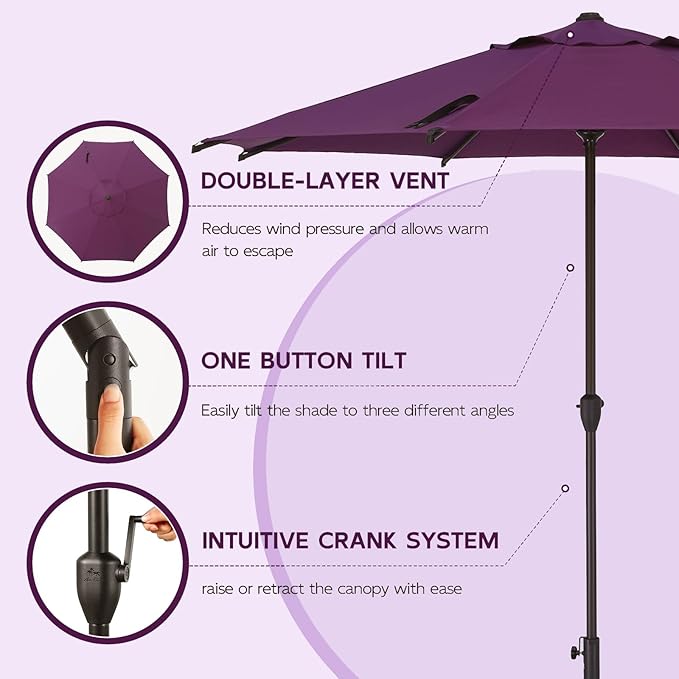 Abba Patio 9FT Lyon Outdoor Patio Umbrella Outdoor Table Umbrella with Crank Market Umbrella 8 Sturdy Ribs UV Protection Waterproof and Push Button Tilt for Garden Deck Backyard,Purple