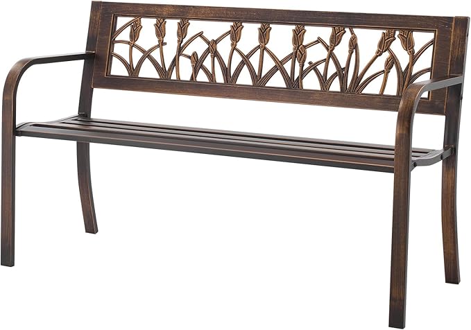 VEVOR Outdoor Bench, 50 inch, Carbon Steel Metal Frame with PVC Floral Pattern Backrest and Round Edge Armrests, Weatherproof Outside Bench for Patio, Garden, Park, Yard, Front Porch, Antique Bronze