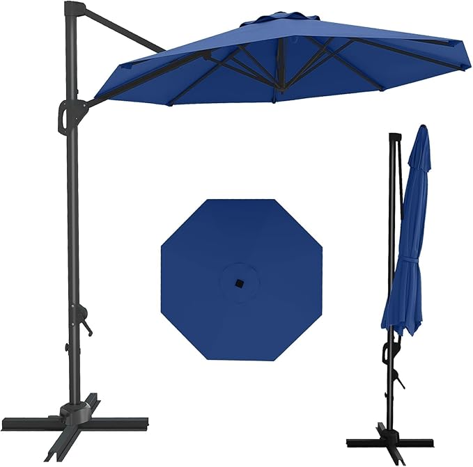 GarveeLife 10FT Patio Umbrella Outdoor Large Cantilever Umbrella Market Sun Shade Windproof Offset Umbrella with 360-Degree Rotation for Garden Deck Pool Patio, Navy Blue