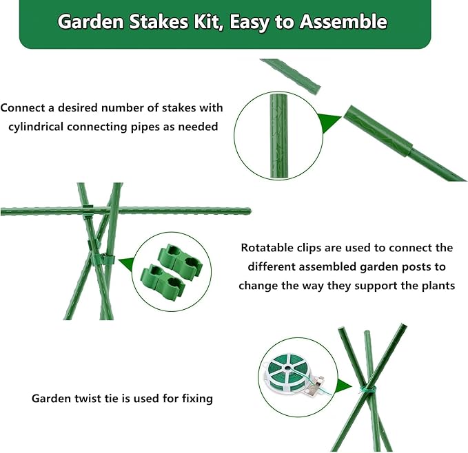 Garden Stakes Kit, 20 Sets 16 inch 0.43" in Diameter Steel Plant Stick Support (with Accessories Total 46 pcs), DIY 3ft 4ft 5ft 6ft 7ft Sturdy Tomato Stakes for Indoor & Outdoor Gardening Supplies