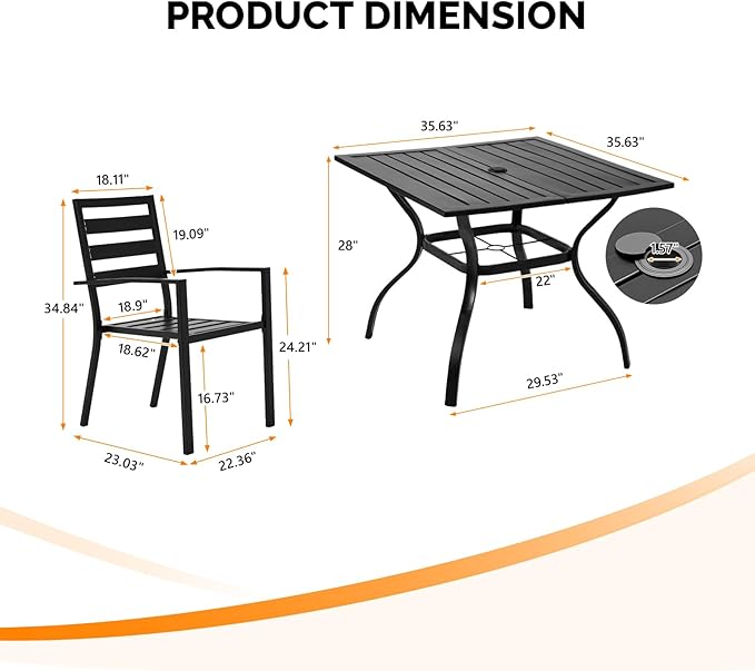VINGLI 5-Piece Outdoor Dining Set, Metal Patio Dining Set for 4, Square Dining Table with Umbrella Hole & 4 Patio Chairs for Porch, Balcony and Backyard