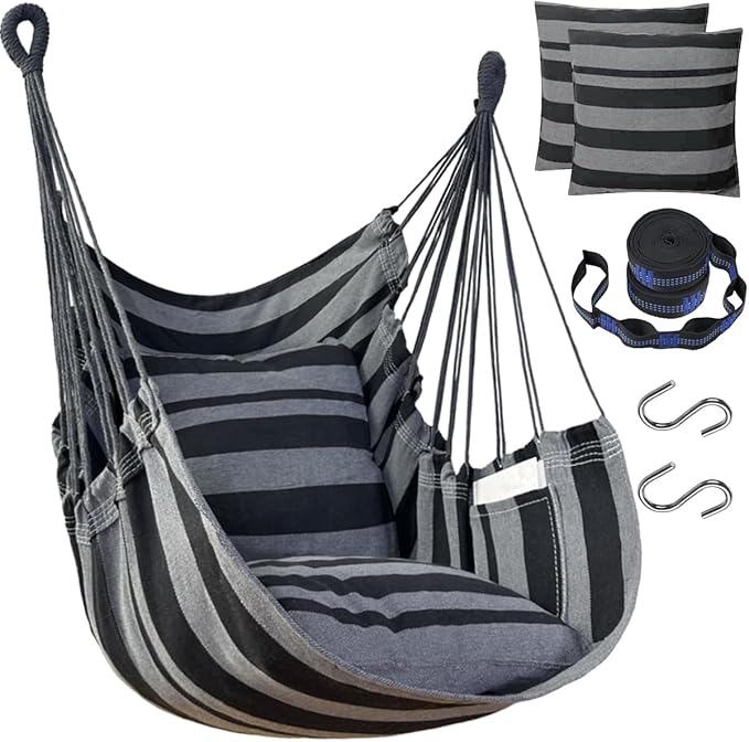 Halalona Hammock Chair Hanging Hammock Chair Rope Swing 2 Cushions Included-Sturdy & Durable Soft Cotton Hand Woven Hammock Swing for Bedroom, Porch, Patio-Indoor/Outdoor