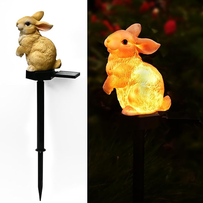 Bunny Garden Ornaments Rabbit Solar Decor Outdoor Statue Lawn Yard Decorations Outside Animal Stake Waterproof Patio Cute Brown Hare Figurines Gifts Idea