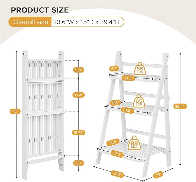 Bamboo Bookshelf 3-Tier Ladder Shelf, 39.4” Freestanding Open Bookcase Book Shelf Bathroom Storage Shelf Unit Plant Stand for Small Space, Living Room, Bedroom, Home Office, White