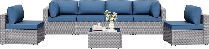 Shintenchi 7 Pieces Outdoor Patio Furniture Sets, Patio Sectional Sofa Couch, Silver Gray PE Wicker Furniture Modular Patio Conversation Sets Patio Sofa with Washable Cushions (Aegean Blue)