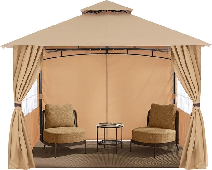 MASTERCANOPY Patio Gazebo Steel Frame Outdoor Gazebo with Windows Curtains (9x9, Beige)