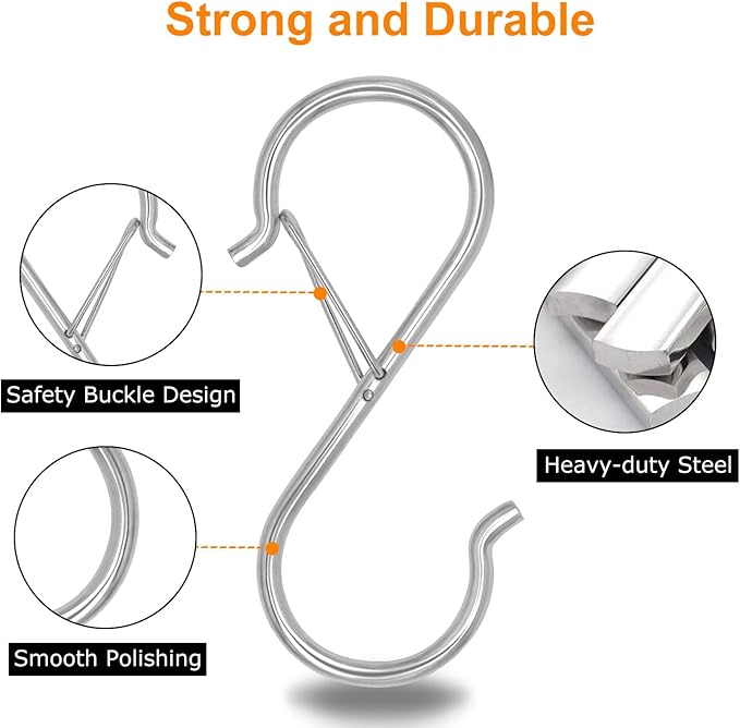 32 Pack S Hooks for Hanging, 3.5 inch Heavy Duty Metal S Hooks with Safety Buckle S Shaped Hooks Pot Rack Closet Hooks for Hanging Plants, Clothes, Kitchen Utensil, Pots, Pans, Bags (Silver)