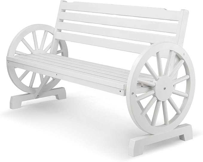 VINGLI Rustic Wooden Wheel Bench Outdoor Bench, Patio Bench Wagon Slatted Seat, Garden Benches for Outdoors 350lbs High Capacity, Weather Resistance (White, 55in)