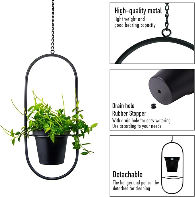 Metal Hanging Planters, Modern Plant Hanger with 5 inch Flower Pot, Set of 2 Black Plant Holder in Oval and Round Shape, Small Wall and Ceiling Planter for Indoor Plants, Home Décor