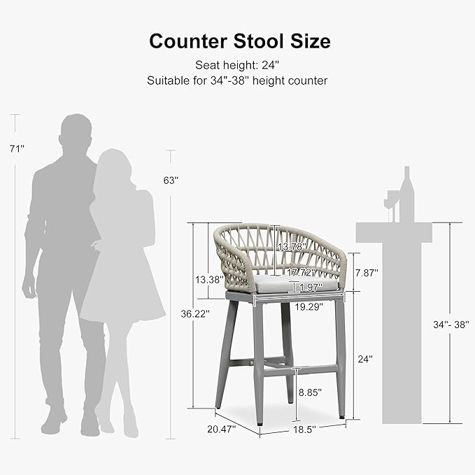 PURPLE LEAF Outdoor Rattan 24" Counter Height Bar Stools Chair Set of 2, Modern Patio Wicker Barstool with Backrest for Indoor and Outdoor, Kitchen Island, Light Grey