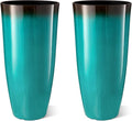 Glitzhome 30" H Tall Outdoor Planter, Set of 2 Large Tall Planters with Gradient Turquoise Faux Ceramic Finish, Plastic Large Flower Pots for Porch Garden Indoor All Season Decor,with Drainage Holes