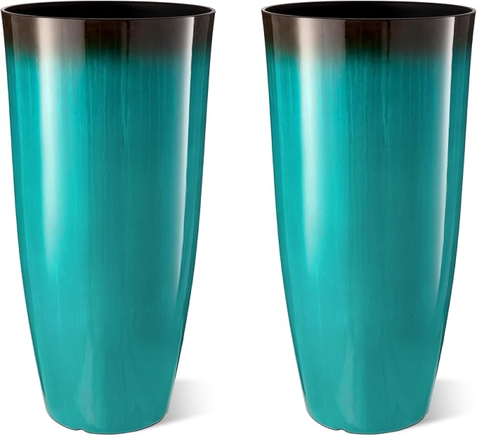 Glitzhome 30" H Tall Outdoor Planter, Set of 2 Large Tall Planters with Gradient Turquoise Faux Ceramic Finish, Plastic Large Flower Pots for Porch Garden Indoor All Season Decor,with Drainage Holes