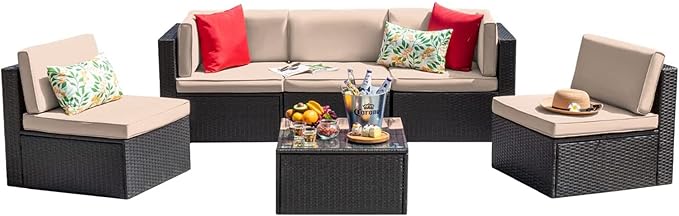 Devoko Patio Furniture Sets 6 Pieces Outdoor Sectional Rattan Sofa Manual Weaving Wicker Patio Conversation Set with Glass Table and Cushion (Beige)