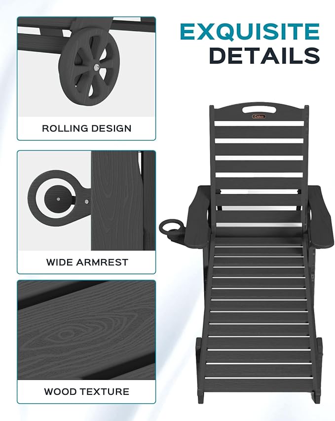 Outdoor Lounge Chair Set of 4, All Weather Patio Chaise Lounge Chair for Outside, HDPE Chair with Rolling Wheels & Cup Holder, 5 Position, Deck, Pool, Black