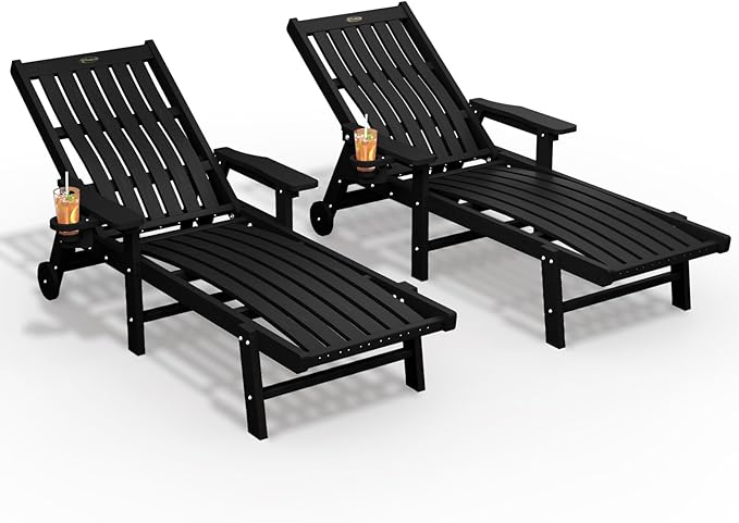 Patio Chaise Lounge Chair Set of 2, Oversized Lounge Chair Outdoor with 5 Positions, HDPE, Patio Lounge Chair with Wheels & Cup Holder for Pool, Deck, Poolside,Black