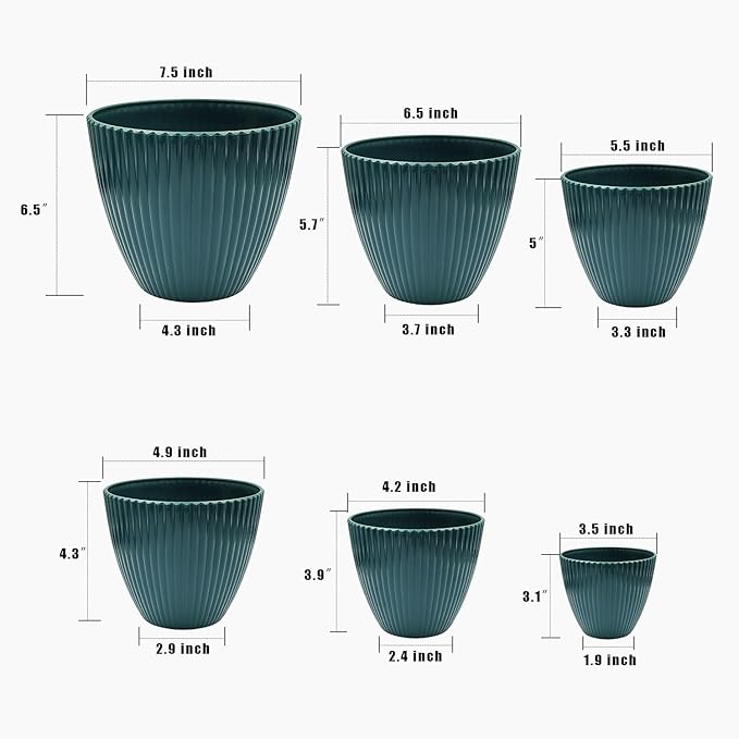 7.5/6.5/5.5/4.9/4.2/3.5 Inch Plant Pots with Saucers & Drain Holes - Indoor/Outdoor Flower Pots for Succulents, Herbs, Cactus - Modern Lightweight Durable Planter Set, Dark Green