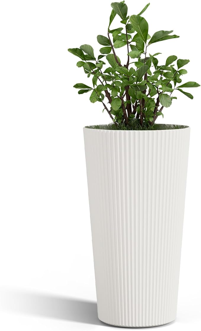 FONTOI 23.6" Tall Planter for Outdoor Plants Set of 2 Large Outdoor Plastic Striped Flower Pots, Front Porch Furniture, Garden Pots, Decorative Planters for Indoor/Outdoor, Patio, Balcony, White