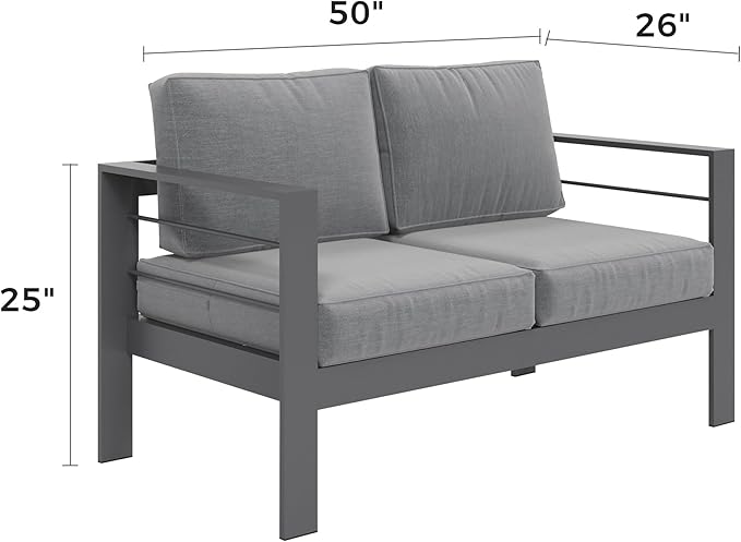 Kiss the Water Outdoor Patio Furniture Loveseat Sofa, All-Weather Metal Aluminum Patio Couch with 5" Thick and Soft Cushion and Wide Arm, Outdoor Couch for Balcony, Porch, Backyard