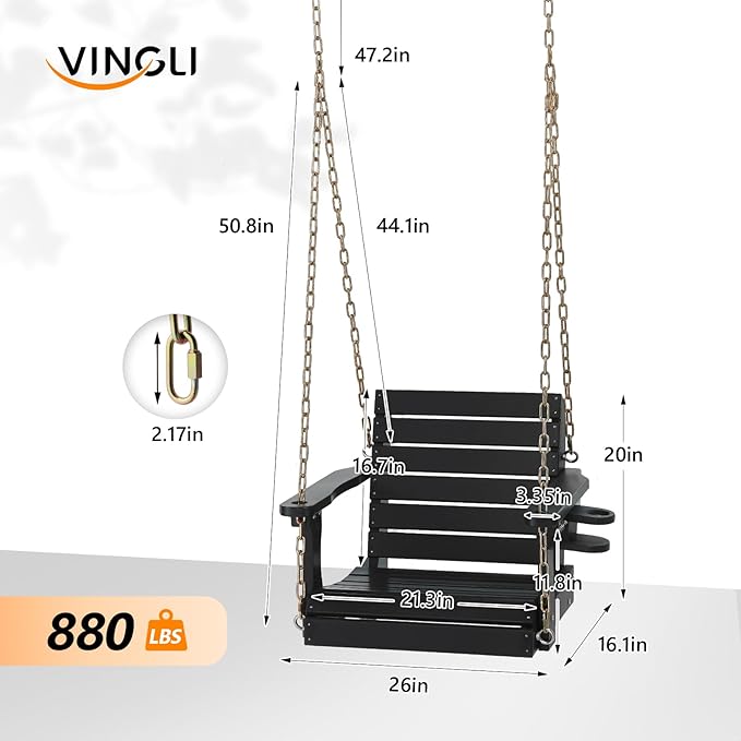 VINGLI Heavy Duty 880 LBS HDPE Porch Swing Outdoor with Rotatable Cup Holder, with Adjustable Chains, 1 Person Hanging Porch Swing Chair for Porch, Yard, Tree, Garden - Black