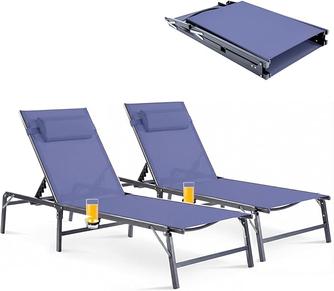 2 Pack Foldable Chaise Lounge Chair with Cup Holder, Assemble-Free Outdoor Lounge Chair with Detachable Pillow and 6 Adjustable Backrest, Patio Lounge Chair for Outside Poolside Beach Pool, Blue
